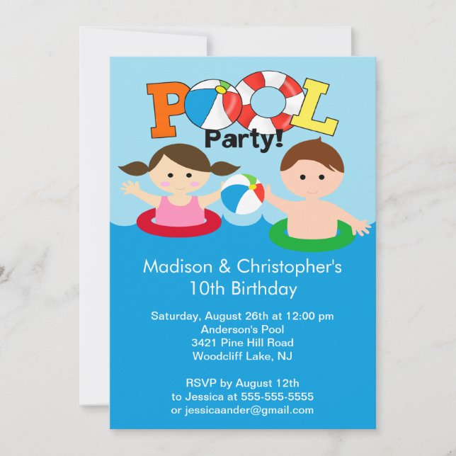 CUTE Twins Pool Party Birthday Invitation Girl Boy (Front)
