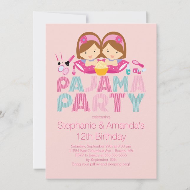 Cute TWINS Tween Pajama Birthday Party Invitation (Front)