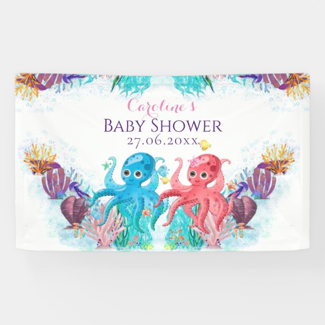 Cute TwinsOcean Octopus colourful Happy Birthday Banner (Horizontal)