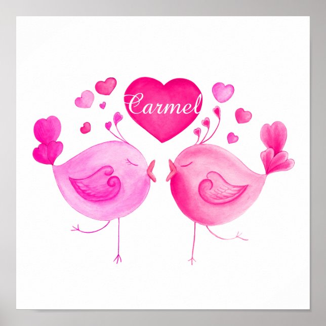 Cute two birds kissing pink name poster print (Front)