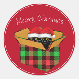 Cute Two Black Cats In Box Meowy Christmas Classic Round Sticker