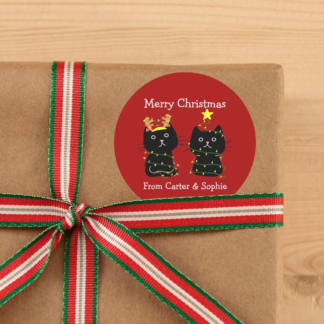 Cute Two Cat Christmas Lights Custom Red Gift Classic Round Sticker (Creator Uploaded)