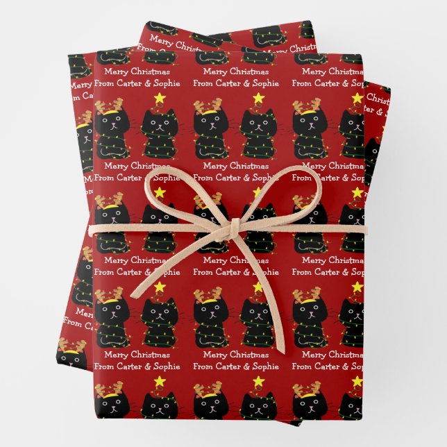 Cute Two Cat Merry Christmas Lights Red Custom Wrapping Paper Sheet (In situ)