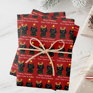 Cute Two Cat Merry Christmas Lights Red Custom Wrapping Paper Sheet