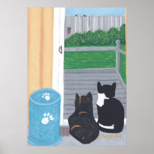 Cute Two Cats Bird Watching Deck Posters