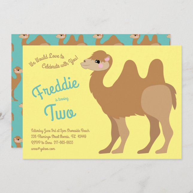 Cute Two Hump Camel Kids 2nd Birthday Party Invitation (Front/Back)