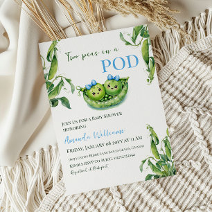 Cute Two Peas in A Pod Blue Boy Twins Baby Shower Invitation