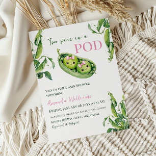 Cute Two Peas in A Pod Pink Girl Twins Baby Shower Invitation