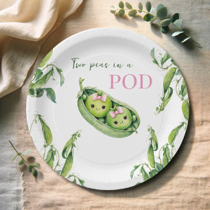 Cute Two Peas in A Pod Pink Girl Twins Baby Shower Paper Plate