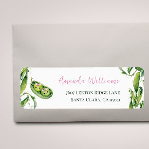 Cute Two Peas in A Pod Pink Girl Twins Baby Shower Return Address Label