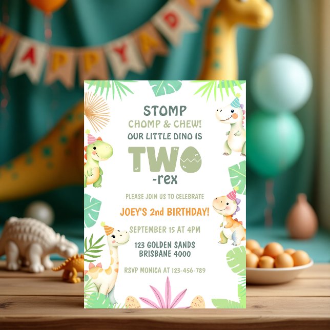 Cute Two Rex Dinosaur 2nd Birthday Party for Kids  Invitation (Cute Two Rex Dinosaur 2nd Birthday Party for Kids  Invitation)