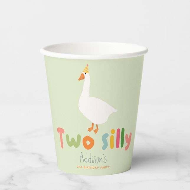 Cute Two Silly Farmyard Goose 2nd Birthday Green Paper Cups (Front)