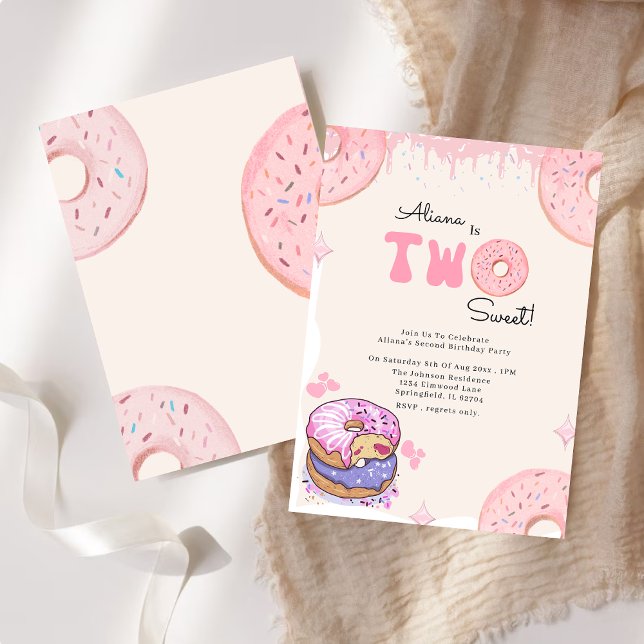 Cute Two Sweet Pink Doughnut Girl 2nd Birthday  Invitation (Creator Uploaded)