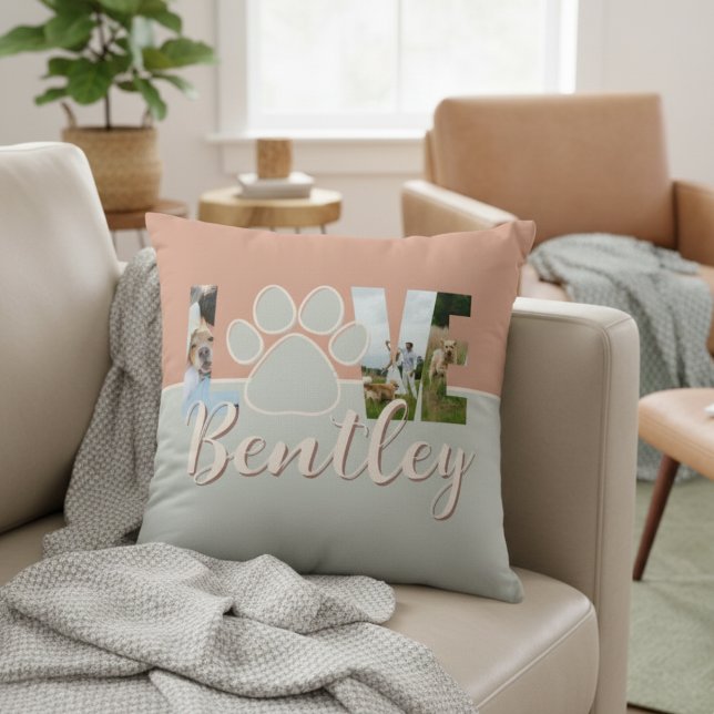 Cute Two Tone Dog Photo Love Paw Print Cushion (Create a cute keepsake of your best friend with this Cute Two Tone Dog Photo Love Paw Print  Pillow!)