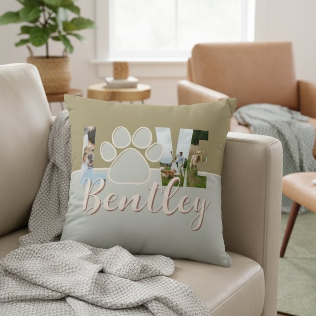 Cute Two Tone Dog Photo Love Paw Print Cushion (Create a cute keepsake of your best friend with this Cute Two Tone Dog Photo Love Paw Print Pillow!)