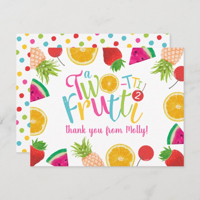 Cute TWO-tti Frutti Fruits 2nd Birthday Thank You Card (Front/Back)