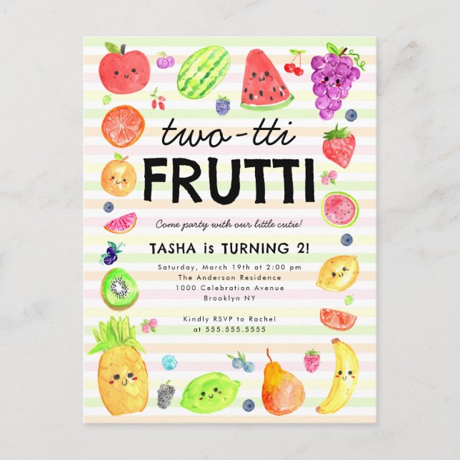 Cute TWO-tti Frutti Summer Fruit 2nd Birthday Postcard (Front)