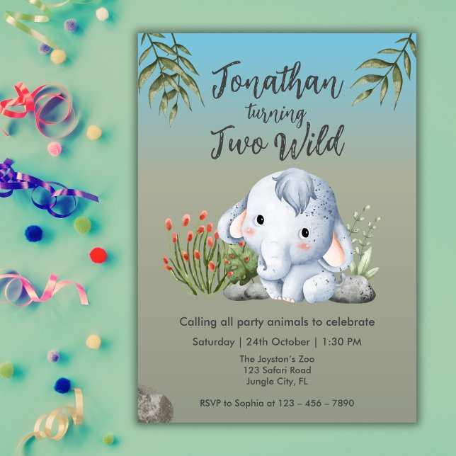 Cute Two Wild Safari Elephant Kids 2nd Birthday Invitation (Creator Uploaded)