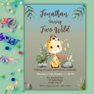 Cute Two Wild Safari Giraf Kids 2nd Birthday  Invitation