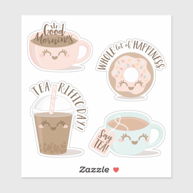 Cute Typographic Kawaii Style Tea, Coffee & Doughn (Sheet)