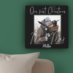 Cute Typography First Christmas As Mr Mrs Photo Square Wall Clock