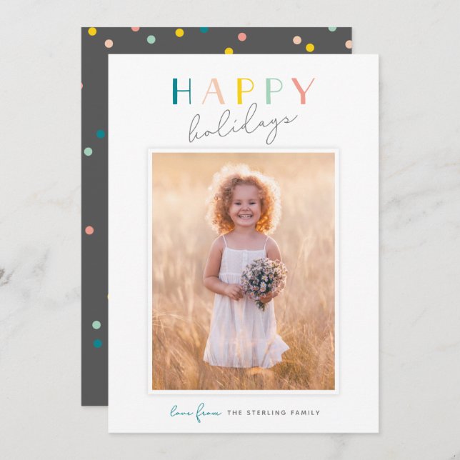 Cute Typography "Happy Holidays" Rainbow Photo Holiday Card (Front/Back)