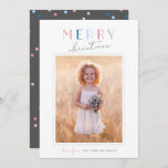 Cute Typography "Merry Christmas" Portrait Photo Holiday Card<br><div class="desc">Cute,  customisable family photo card with "Merry Christmas" in friendly lettering and confetti on the back,  in soft pink,  blue and grey.</div>