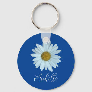Cute Typography Monogram Botanical White Daisy Key Ring