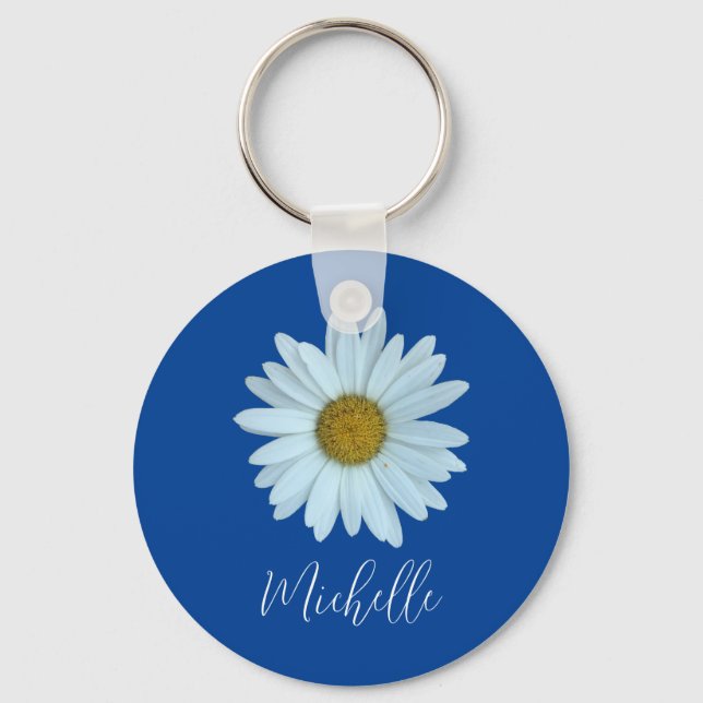 Cute Typography Monogram Botanical White Daisy Key Ring (Front)