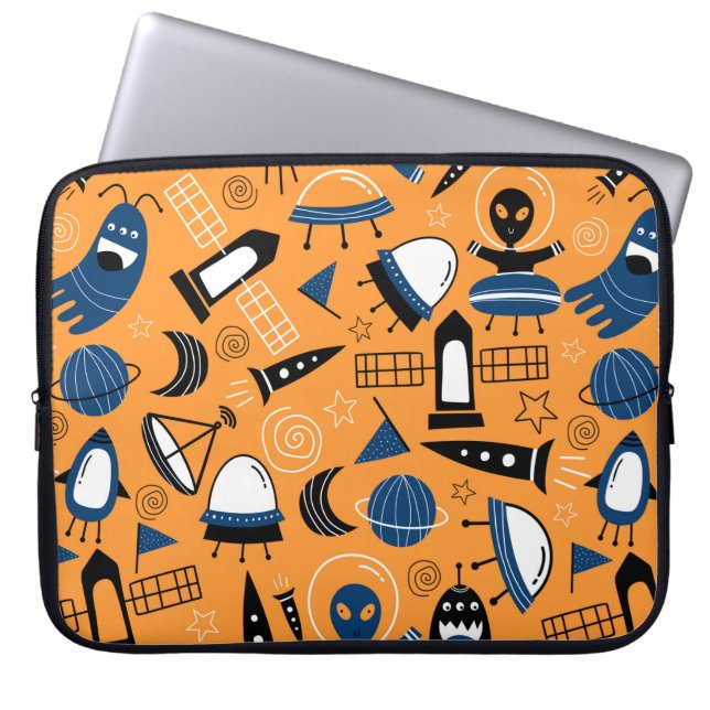 Cute ufo alien spaceships, planets, galaxies seaml laptop sleeve (Front)