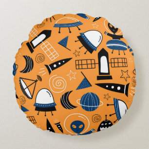 Cute ufo alien spaceships, planets, galaxies seaml round cushion