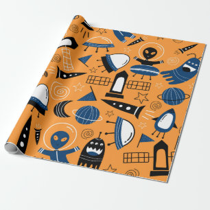 Cute ufo alien spaceships, planets, galaxies seaml wrapping paper
