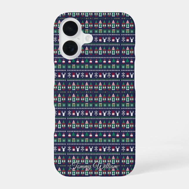 cute ugly christmas sweater pattern iPhone 16 case (Back)