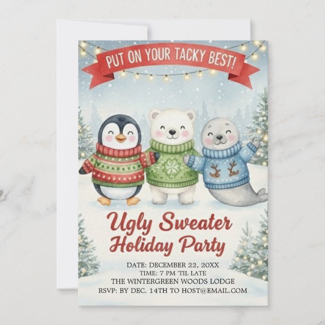 Cute Ugly Sweater Holiday Party Penguin Polar Bear Invitation (Front)