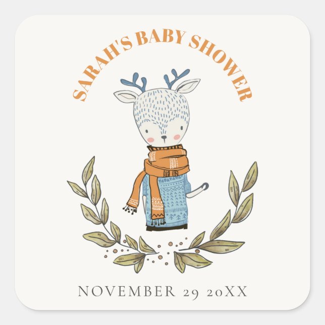 Cute Ugly Sweater Leaf Winter Reindeer Baby Shower Square Sticker (Front)