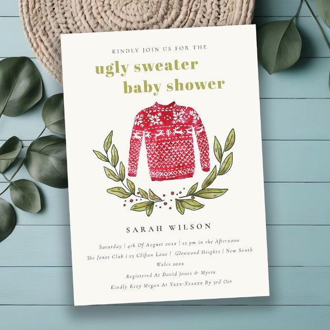 Cute Ugly Sweater Leafy Winter Baby Shower Invite (Creator Uploaded)