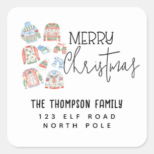 Cute Ugly Sweater Merry Christmas Holiday Address Square Sticker