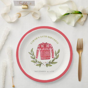 Cute Ugly Sweater Winter Red Any Age Birthday Paper Plate