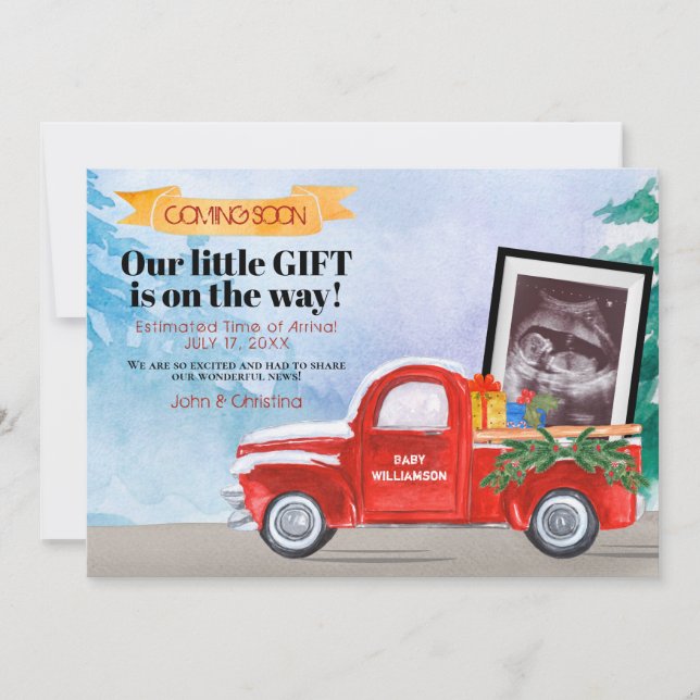 Cute Ultrasound Photo Red Christmas Truck Baby Announcement (Front)