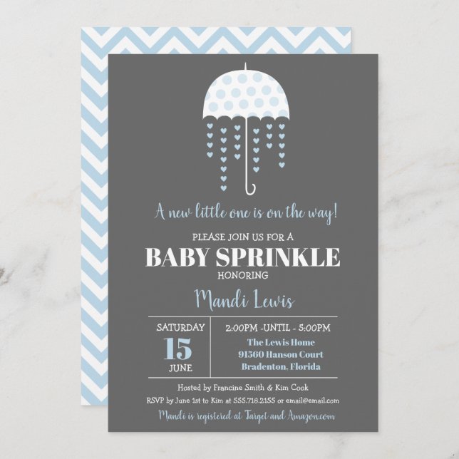Cute Umbrella Blue Baby Sprinkle or Baby Shower Invitation (Front/Back)