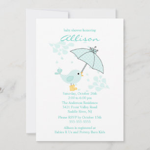 Cute Umbrella & Blue Bird Boy Baby Shower Invitation