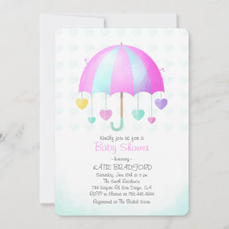 Cute umbrella with colourful hearts baby shower invitation