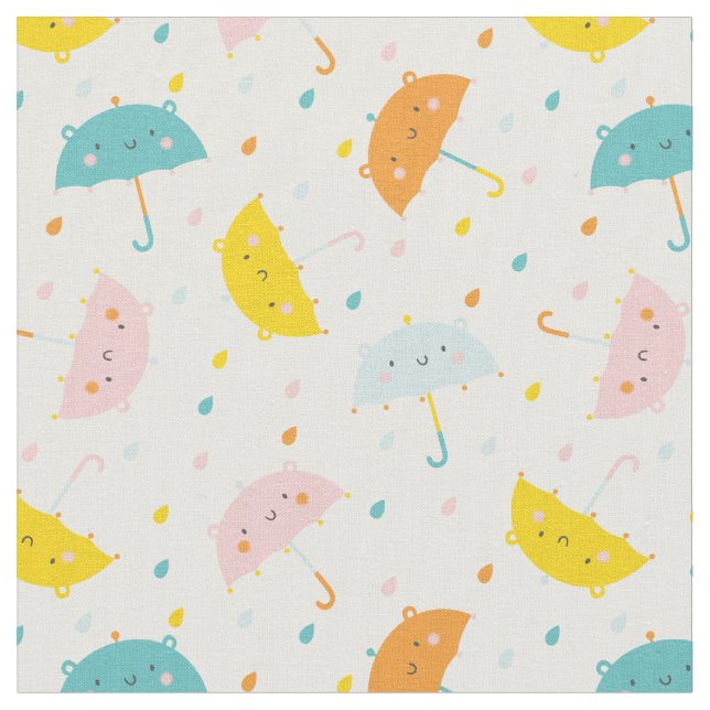 Cute Umbrellas and Raindrops Fabric (Close Up)