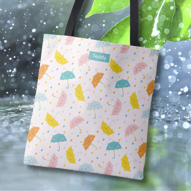 Cute Umbrellas and raindrops with Name Tote (Creator Uploaded)