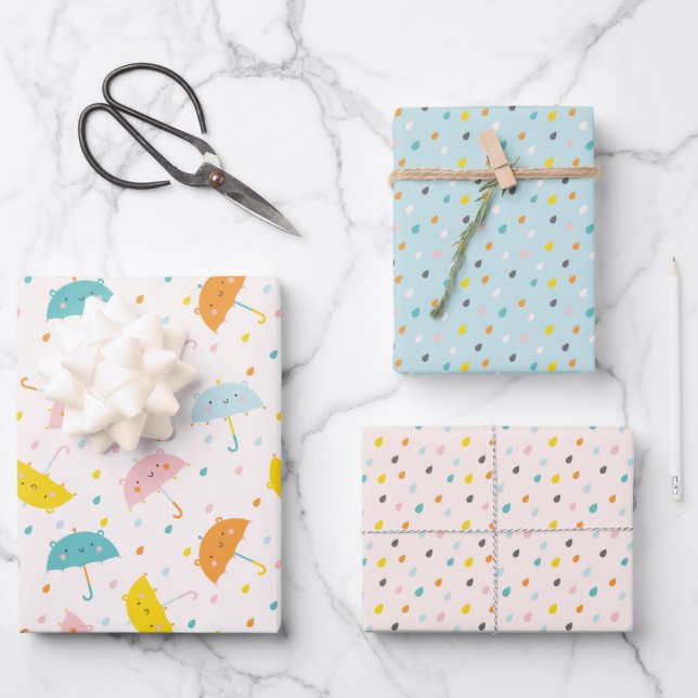 Cute Umbrellas and raindrops Wrapping Paper Sheet (Front)