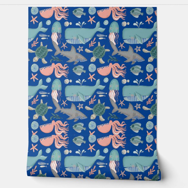 Cute Under the Sea Animals Kids Room Wallpaper (Unrolling)