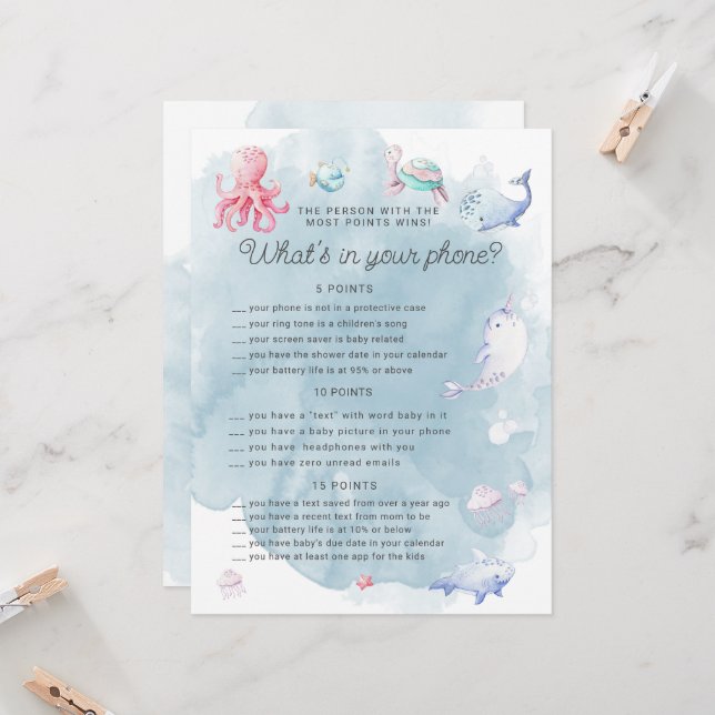 Cute Under the Sea Baby Shower Phone Game Card (Front/Back In Situ)