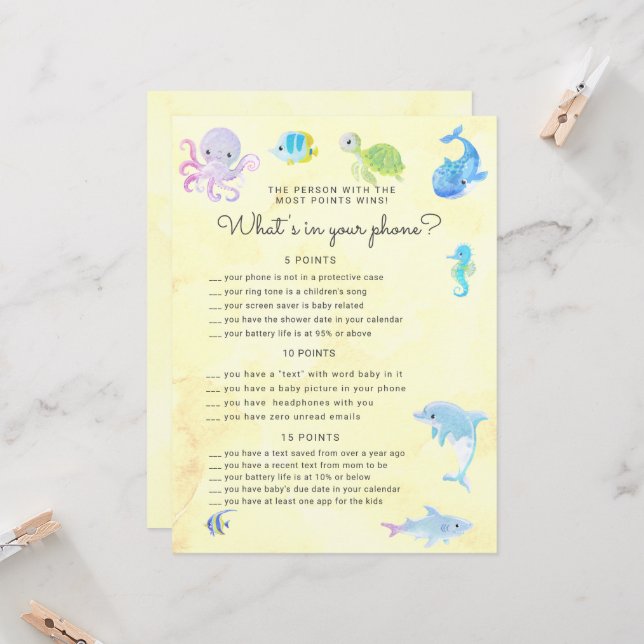 Cute Under the Sea Baby Shower Phone Game Card (Front/Back In Situ)