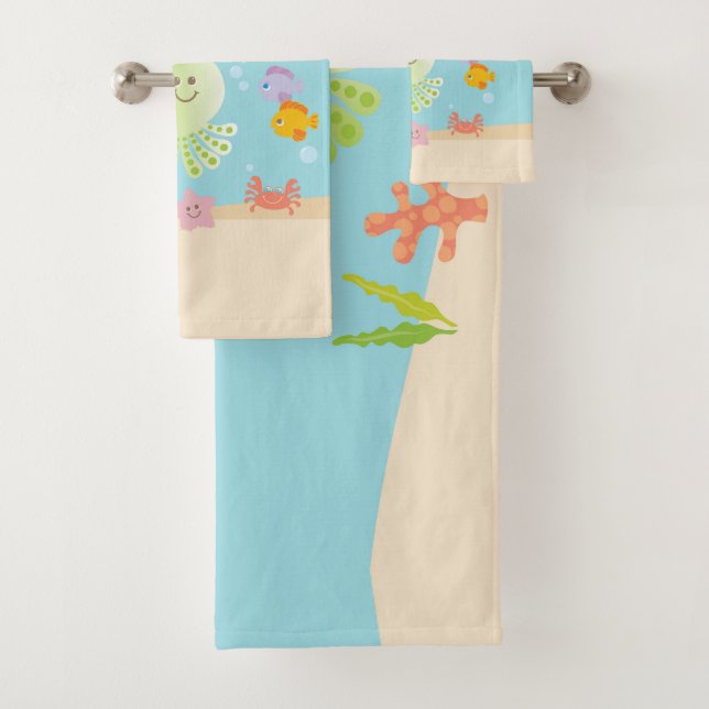 Cute Under the Sea Kid's Bathroom Name Bath Towel Set (Insitu)
