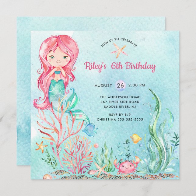 Cute Under the Sea Mermaid Birthday Invitation (Front/Back)